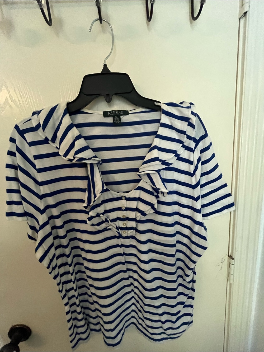 Ralph Lauren Blue and White Striped Ruffle-Collar Short Sleeve Tee